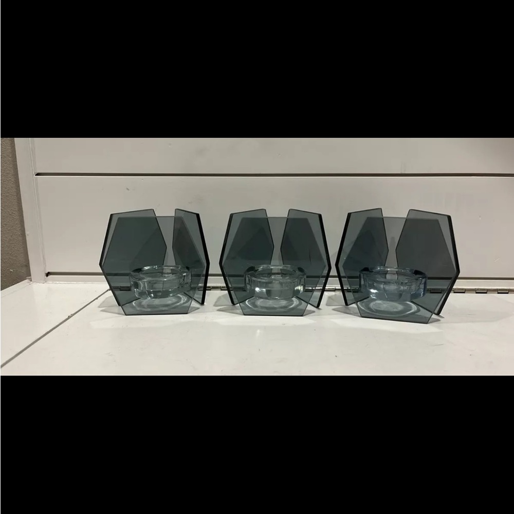Modern Geometric Smoked Glass Candle Holders Set Of Three